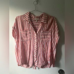 Red & white striped cap sleeve button front tie back top size large,Lucky Brand